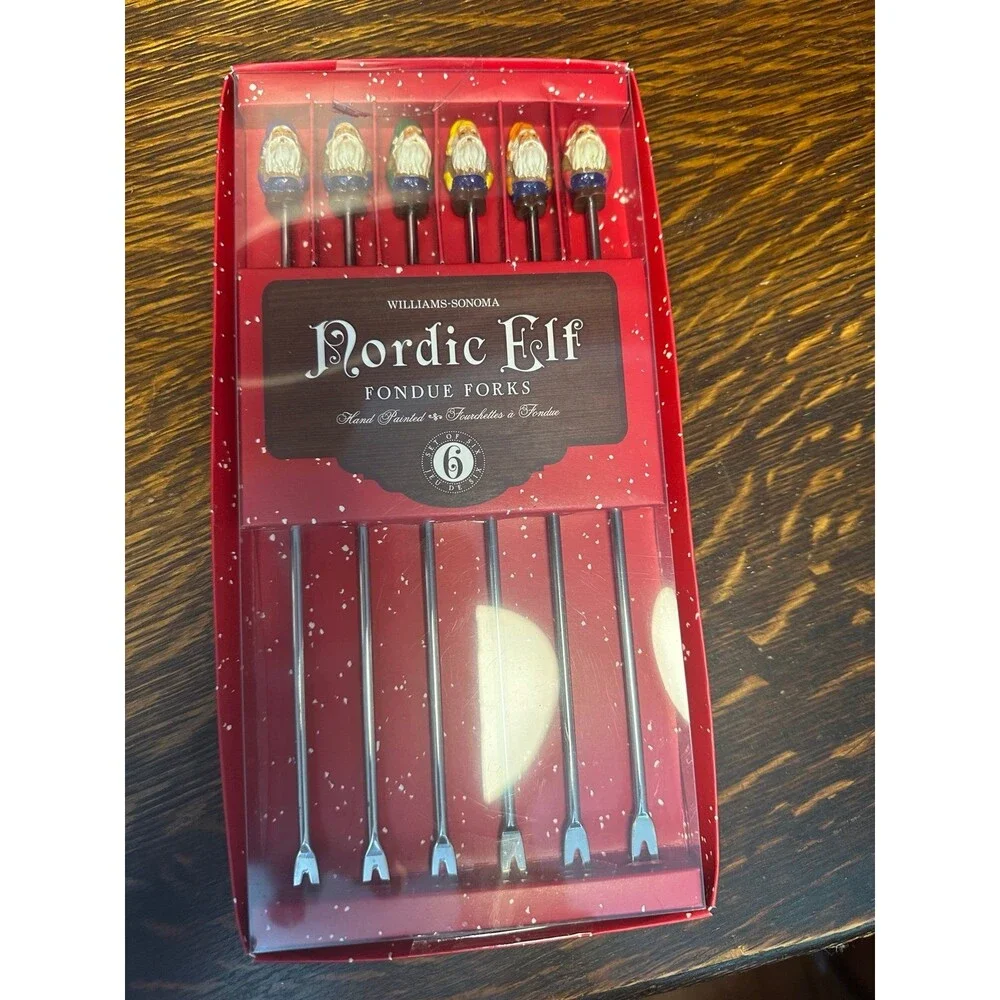 Williams Sonoma Nordic Elf Fondue Forks Set of 6 Stainless Holiday Christmas NIB